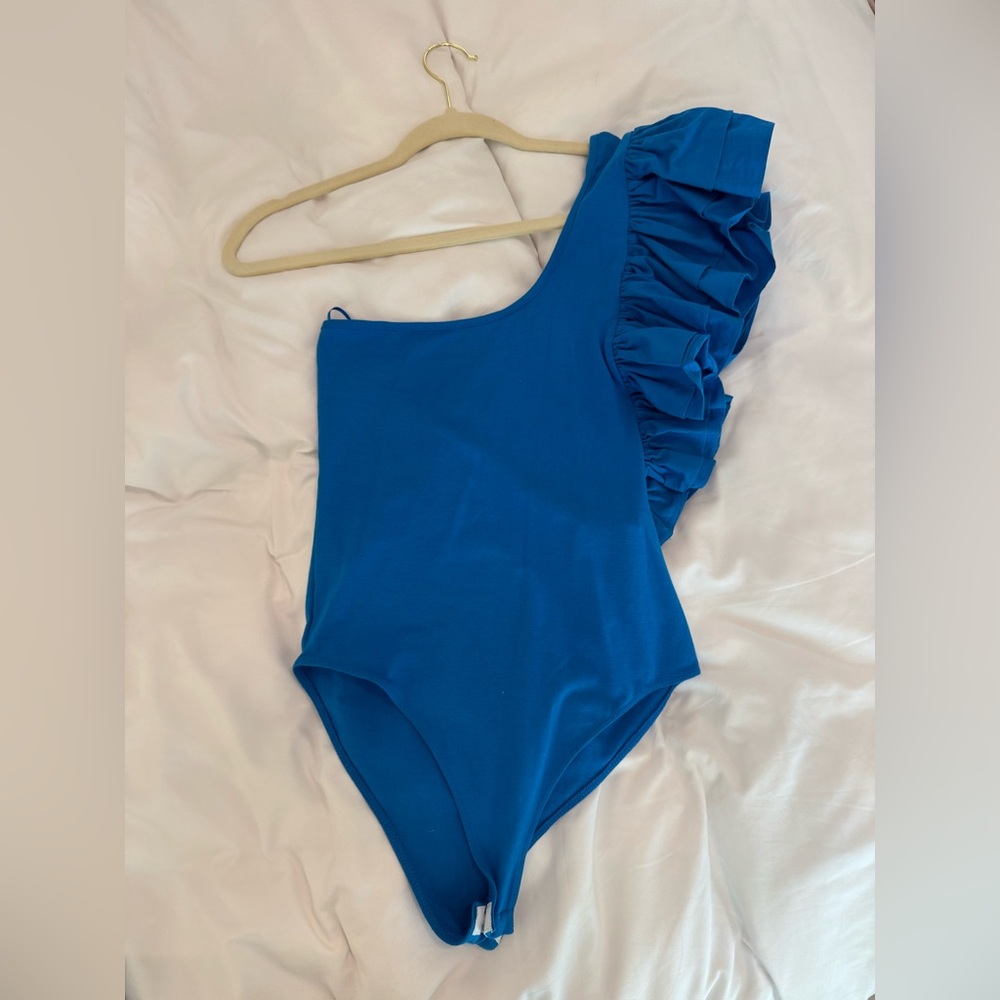 ZARA One-Shoulder Blue Ruffle Body Suit